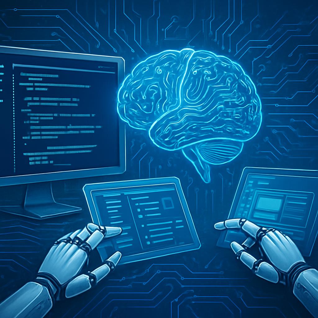 Engenharia de Software e IA Generativa. Mãos robóticas codificando um modelo cerebral de Inteligência Artificial em um ambiente digital.